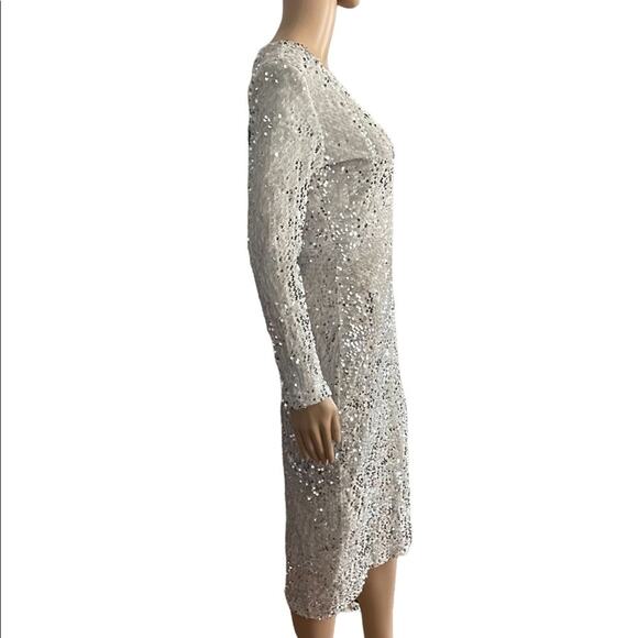NWOT Bodycon DRESS Womens S Silver Deep V Sequined Long Sleeves Slit Cocktail - Picture 4 of 14